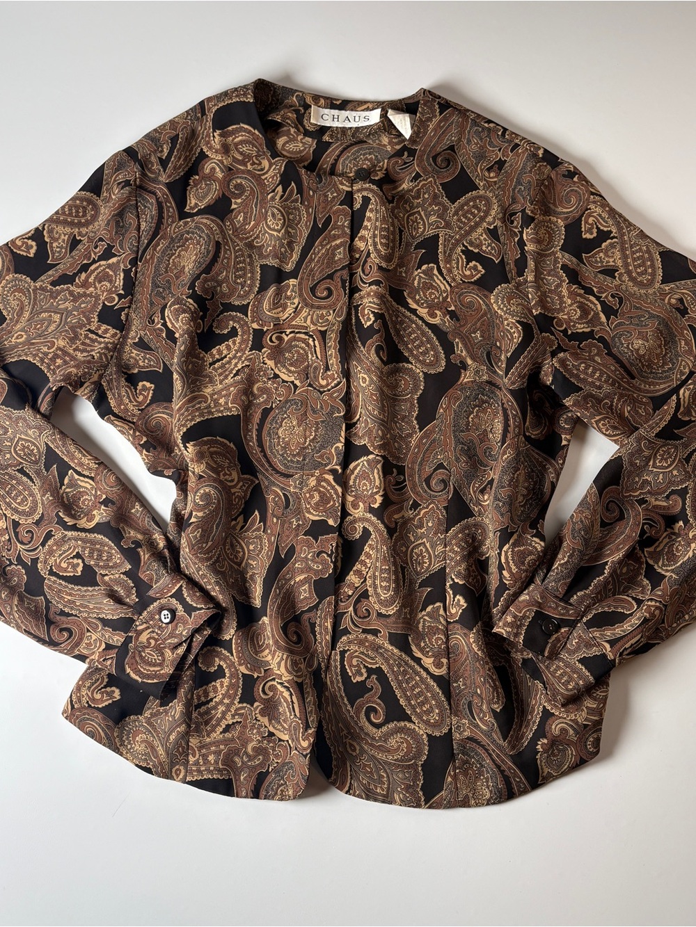 Vintage Paisley Silk Feel Blouse Chaus Dark Academia Whimsygoth Boho Shirt 12.
